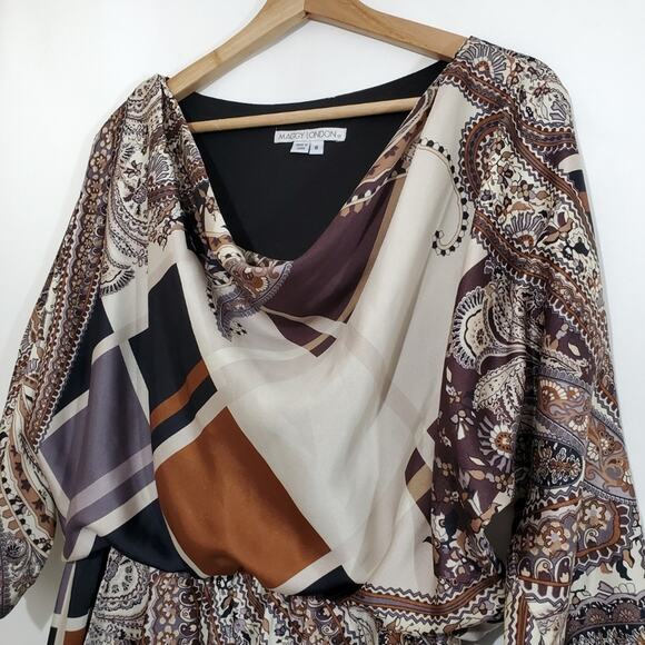 Maggy London | Drapey Mixed Pattern 3/4 Sleeve Silky Dress with Pockets - Picture 3 of 8